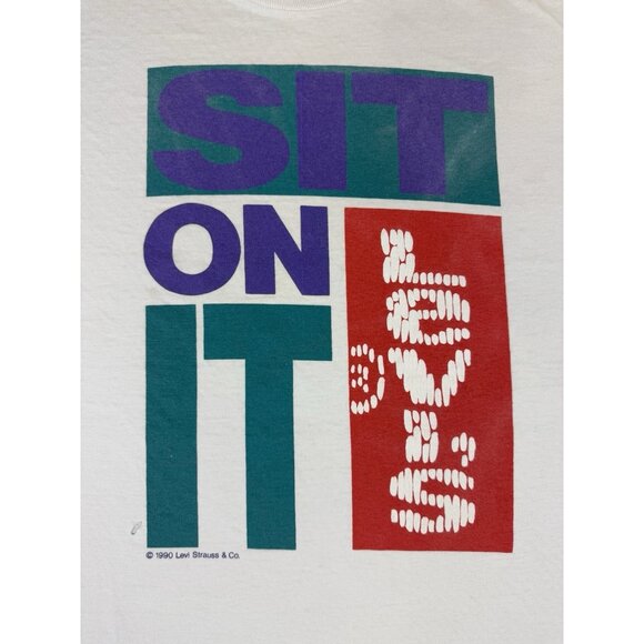 Vintage 1990 Levis Levi Strauss Denim Promo Sit On It White Shirt Rare XL Fit T - Picture 3 of 16